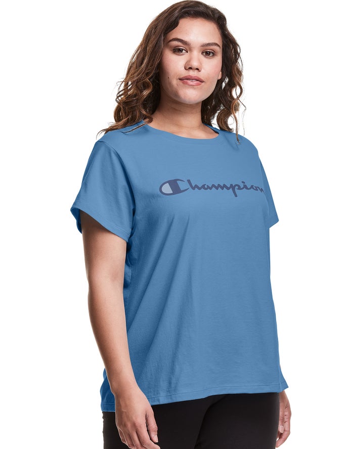 Champion Womens T-Shirt NZ - Plus Classic Script Logo Blue ( 4612-REWKO )